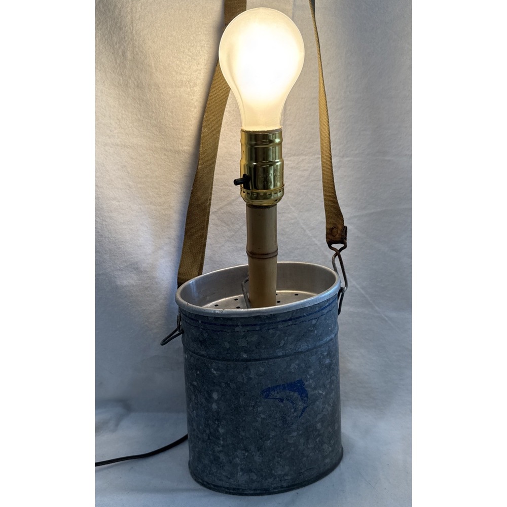 Galvanized Minnow Bucket Table Lamp Light Bar Decor Man Cave Vintage Fish Cabin